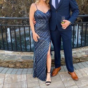 Long blue sequined spaghetti strap formal dress